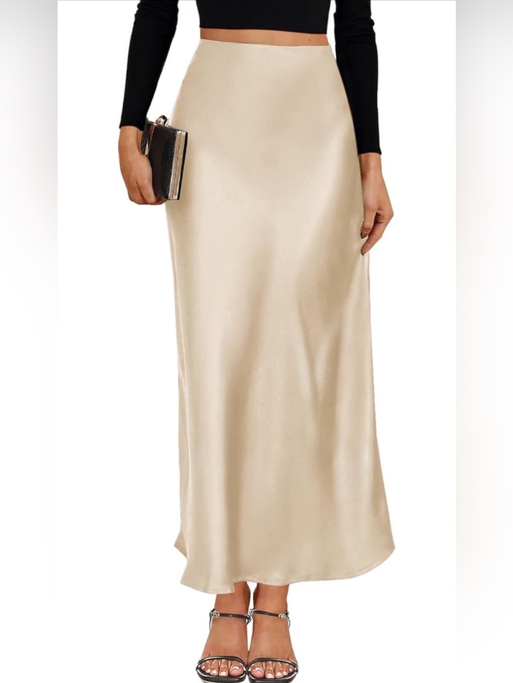Women's Satin Bias Midi Skirt in Light Beige